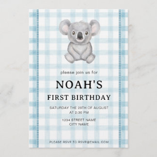 001 Sky Blue Plaid Koala 1st Birthday Invitation Kaart