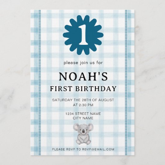 001 Sky Watercolor Check Koala Birthday Invitation (Devant)