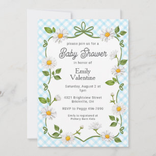 002 Bleu Céruléen Floral Daisies Invitation Baby S
