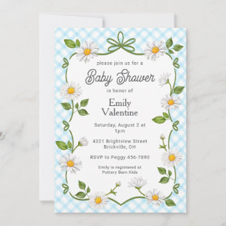 002 Bleu Céruléen Floral Daisies Invitation Baby S