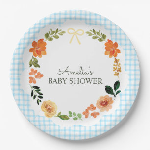 002 Cerulean Blauwe Bloemengingham Baby Shower Papieren Bordje