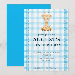 002 Cerulean Blauwe Geruite Giraffe Verjaardagsuit Kaart