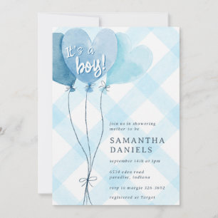 002 Cerulean Hart Ballon Gingham Baby Shower Kaart