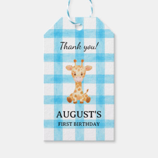 002 Étiquette Cadeau Girafe Vérifié Bleu Céleste