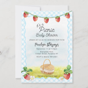 002 Hemelsblauwe aardbeienpicknick baby shower Kaart