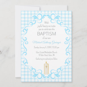 002 Hemelsblauwe Scroll Gingham Kaars Doop Kaart