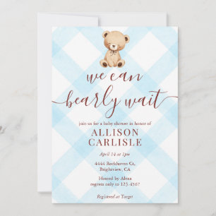 002 Hemelsblauwe Teddybeer Gingham Baby Shower Kaart