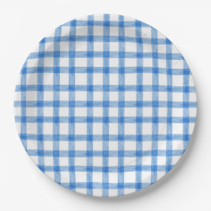 003 Assiettes en papier gingham bleu cobalt aquare