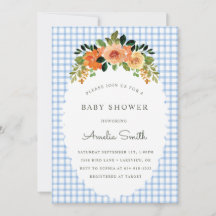 003 Cobalt Bloemige Gingham Baby Shower Uitnodigin