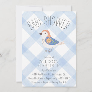 003 Kobalt Cute Bloemrijke Vogel Gingham Baby Show Kaart