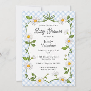 003 Kobaltblauwe bloemige daisy geruite baby showe Kaart