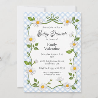 003 Kobaltblauwe bloemige daisy geruite baby showe Kaart