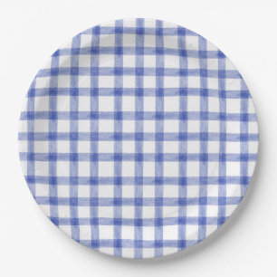 004 Indigo Blauw Aquarel Gingham L Papieren Borden Bordje