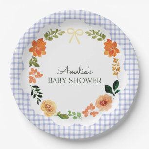 004 Indigo Blauwe Bloemengingham Baby Shower Papieren Bordje