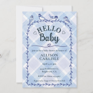 004 Indigo Watercolor Gingham Birds Baby Shower Kaart