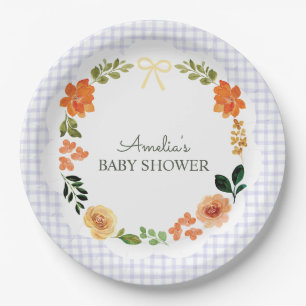 005 Iris Lavendel Bloemen Gingham Baby Shower Papieren Bordje