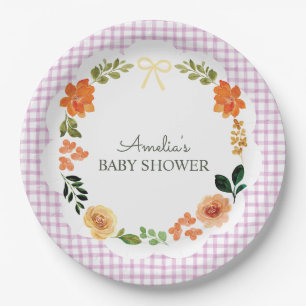 006 Wijn Paarse Bloem Gingham Baby Shower Papieren Bordje
