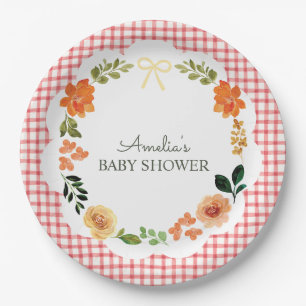 007 Rode Bloemetjes Geruite Baby Shower Papieren Bordje