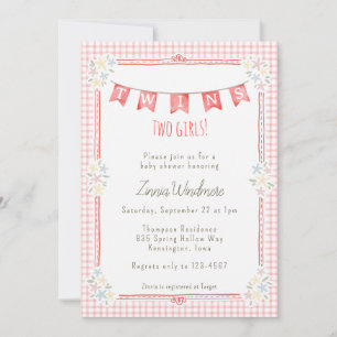 007 Rood Geruite Bloem Twins Baby Shower Kaart