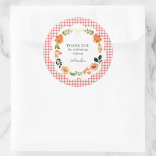 007 Rood Geruite Bloemetjes Baby Shower Ronde Sticker