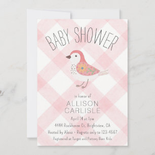 008 Blush Cute Bloemrijke Vogel Gingham Baby Showe Kaart