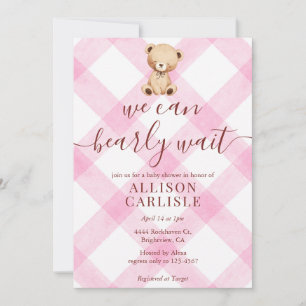 009 Fuchsia Roze Teddybeer Gingham Baby Shower Kaart