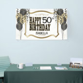 00e geboortedag en -leeftijd - Zwarte ballonnen Spandoek (Beurs)