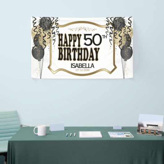 00e geboortedag en -leeftijd - Zwarte ballonnen Spandoek (Beurs)