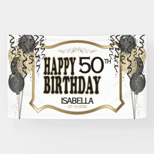 00e geboortedag en -leeftijd - Zwarte ballonnen Spandoek (Horizontaal)