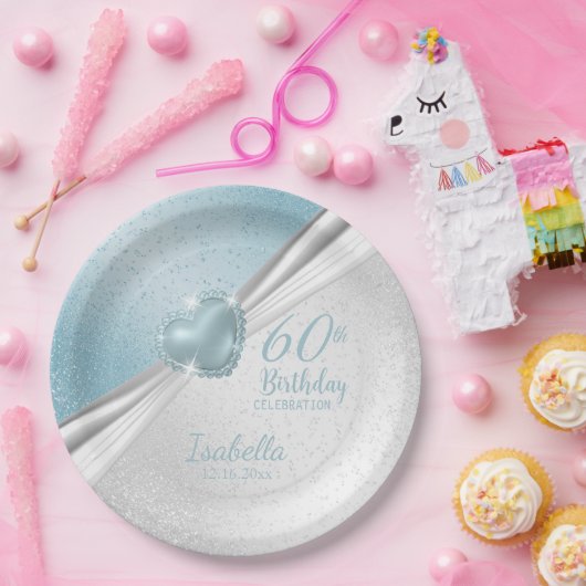 00e verjaardag - Blauw hart en wit glitter Papieren Bordje (Feest)