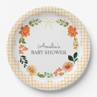012 Koperen Bloemen Gingham Baby Shower Papieren Bordje