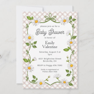 013 Chocolate Brown Floral Daisy Plaid Baby Shower Kaart