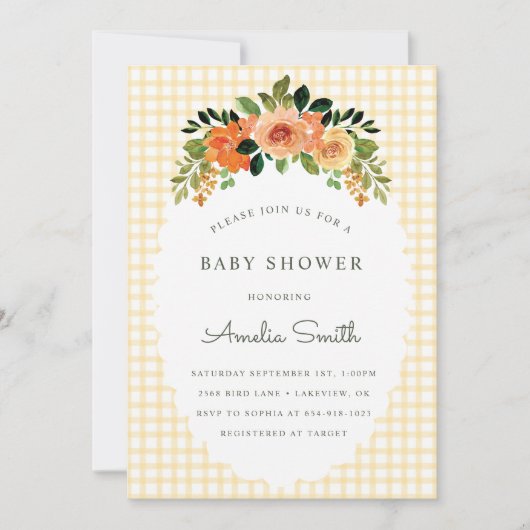 016 Marigold Floral Gingham Baby Shower Invitation (Devant)