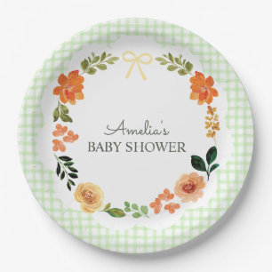 017 mosgroene bloemengingham baby shower papieren bordje