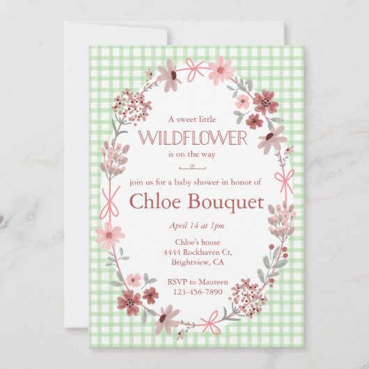 018 Grass Green Wildflower Bow Gingham Baby Shower Kaart (Voorkant)