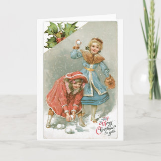 025 Vintage Kerst Kaart Blonde Meisjes Sneeuwballe