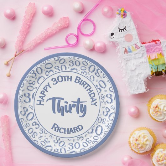 0e Willekeurige Getal Patroon Blauw/Wit Papieren Bordje (Feest)