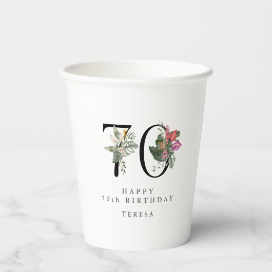 0th Birthday Cheers with Name Tropical Floral Papieren Bekers (Achterkant)