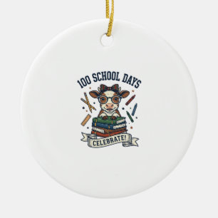 100 Dagen School Koe Vintage Gravure Leraar T-shir Keramisch Ornament