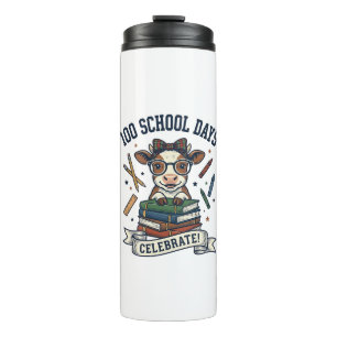 100 Dagen School Koe Vintage Gravure Leraar T-shir Thermosbeker