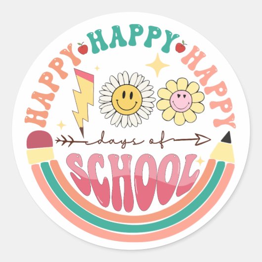 100 Dagen van School Gelukkige Retro Groovy Ronde Sticker (Voorkant)