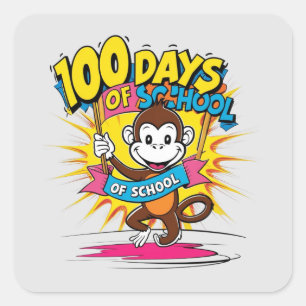 100 dagen van School Monkey Kinder Party Fun Vierkante Sticker