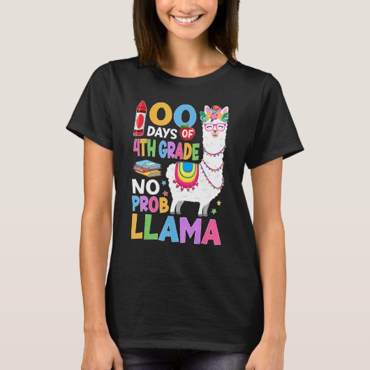 100 Days of 4th Grade No Probllama 100th Day Girls T-shirt (Voorkant)