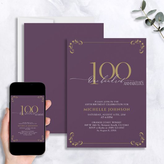 100 & Fabulous Paars & Gold Calligraphy Birthday Kaart