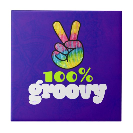 100% Groovy met Rainbow Hand Peace Sign Tegeltje (Voorkant)