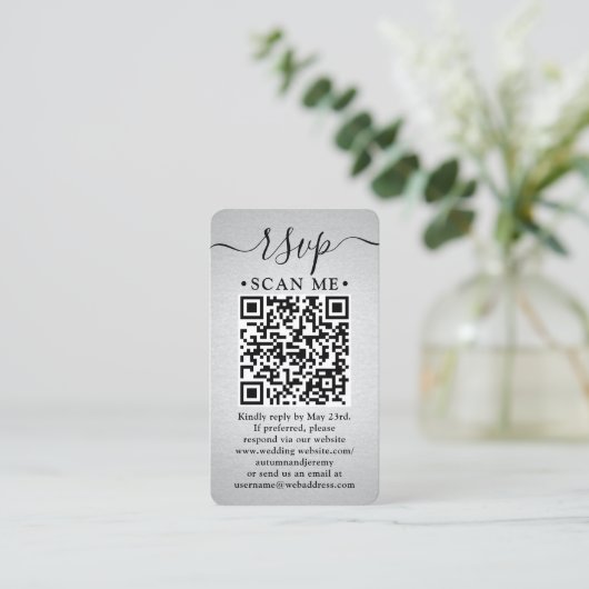 100 Pack QR Code RSVP Faux Silver Foil Behuizing Visitekaartje (Staand voorkant)