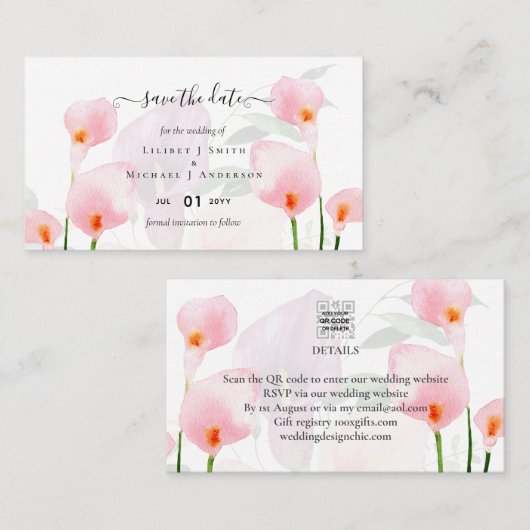 100 x MINI Calla Lily Wedding Save Date QR Code Visitekaartje (Voorkant / Achterkant)