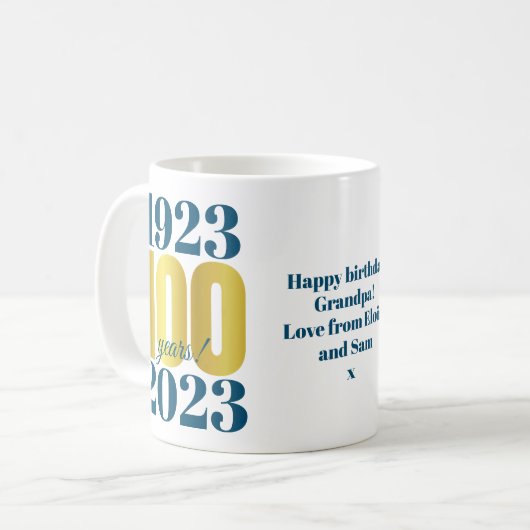 100e anniversaire Bleu Mug café or (Devant gauche)