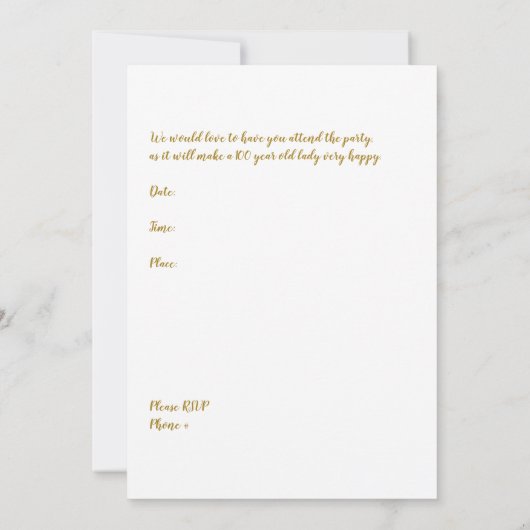 100e anniversaire de fête Invitation or & blanc (Dos)