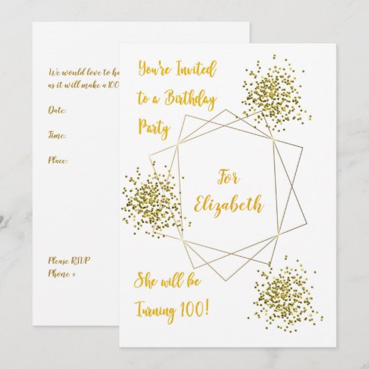 100e anniversaire de fête Invitation or & blanc (Devant / Derrière)